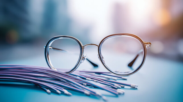 macro illustration of an AR hardware terminal. A pair of glowing smart glasses sits at the center of a dense bundle of cyan light fibers and binary digits. Subtle lens flares and a shallow depth 