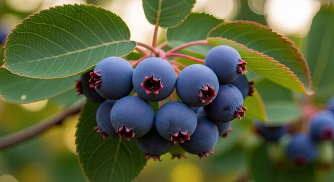 Ripe purple berries growing on a green leafy branch.