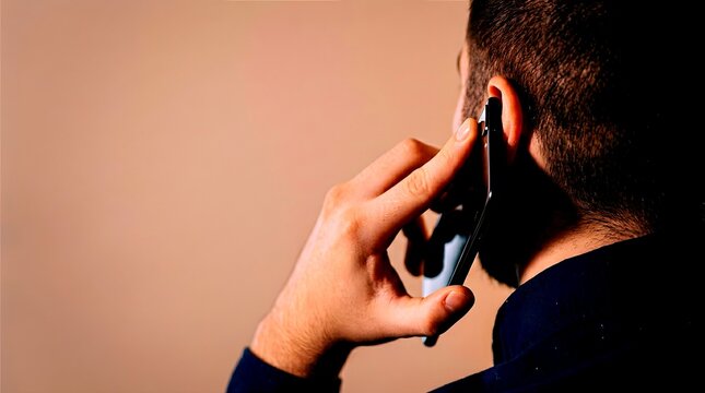 Back view profile of a short haired man wearing a dark shirt holding a smartphone to his ear during a phone call, representing modern communication and daily digital interaction.