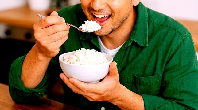 A man in a green shirt smiling while eating a spoonful of white rice from a bowl, representing Asian staple food, healthy diet, and authentic culinary traditions.