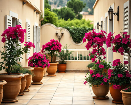 Terrasse fleurie avec pots de g&eacute;raniums et rosiers grimpants roses sur mur de pierre, jardin m&eacute;diterran&eacute;en color&eacute; en &eacute;t&eacute;