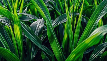 Obraz premium Lush Green Cornfield Rows with Sunlight Glinting on Vibrant Leaves in Agricultural Field