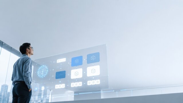 AI Systems Architect Reviewing Enterprise Artificial Intelligence Workflow and Digital Infrastructure Dashboard