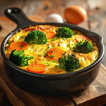 Vegetable Omelette in a Black Skillet with Broccoli and Carrots