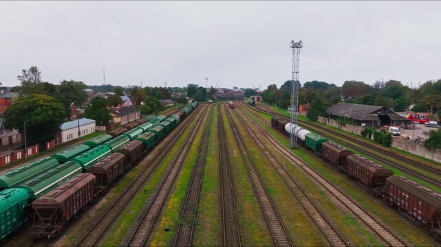 Drone flies above Liepaja railway tracks revealing extensive freight rail yard