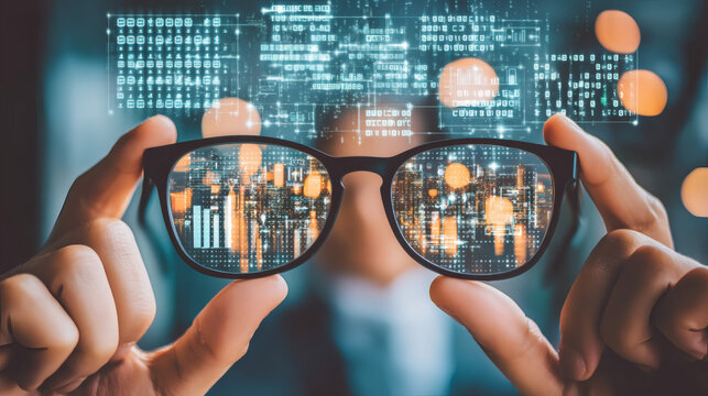 resolution cinematic closeup of AR glasses displaying floating holographic data panels and binary streams above lenses, neon blue light particles move dynamically across frame, warm amber highlights 