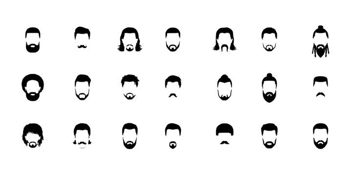 Heads with Various Hairstyles and Facial Hair in Black and White Vector Illustration Featuring Beards, Mustaches, Haircuts
