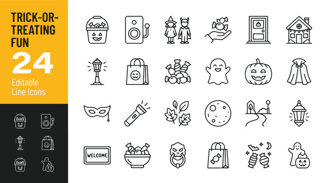 Halloween trick-or-treating fun line icons set featuring spooky holiday elements like ghosts pumpkins candy buckets costumes witches devils doorbells house street lamps lanterns bats skulls and masks.
