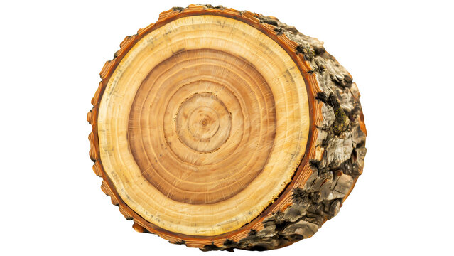Cross section of a round tree log showing annual growth rings and textured bark isolated on transparent background