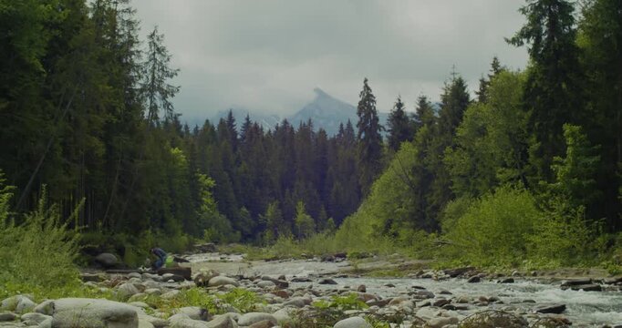 A scenic view of a clear mountain river flowing over rocks through a vibrant green forest with a distant mountain peak under a cloudy sky.