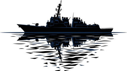 Silhouette of a modern warship with reflection on water © titisan