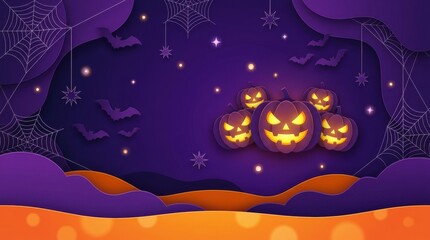 Naklejka premium Paper cutout halloween background featuring glowing jack o lanterns with glowing stars floating layered