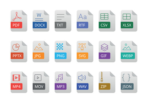 Contemporary White File Format Icons Set with Subtle Color Accents for Digital Documents Multimedia and Web Files
