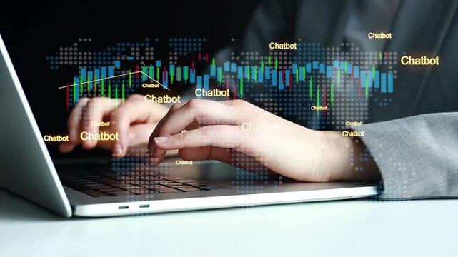 User works on a laptop with chatbot data and graphs on the screen in a modern office setup during daytime.