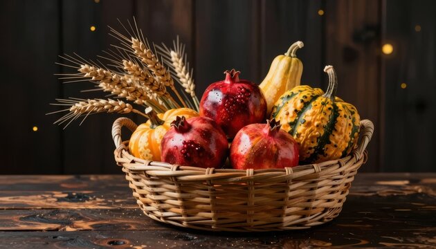 Wicker basket filled with fresh autumn harvest fruits and vegetables on a rustic wooden table