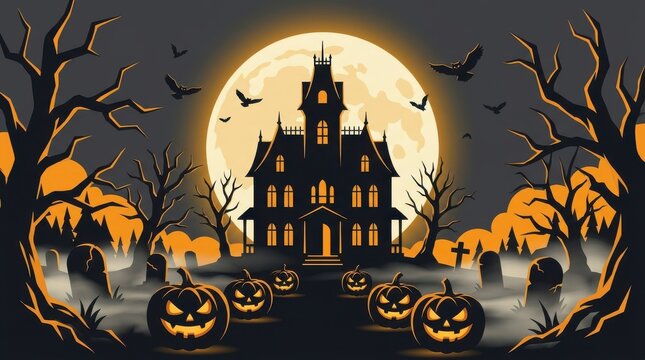 Eerie haunted mansion silhouette under a glowing full moon with jack o lanterns in a foggy graveyard