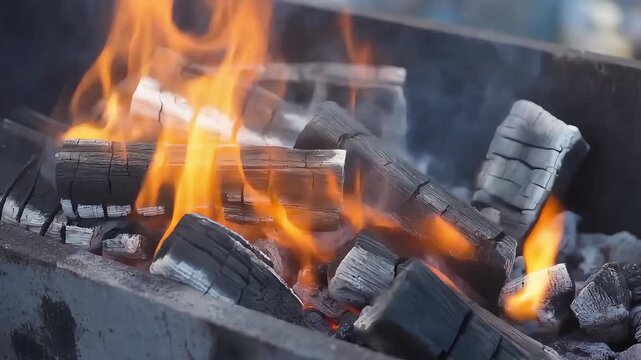 Burning embers and flames in a barbecue grill