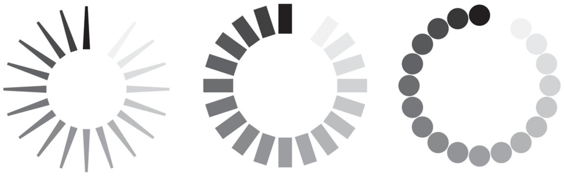 Three circular loading, buffering, and progress bar icons in black and grey gradients.  illustration set featuring sunburst lines rectangular blocks and dots for web UI design