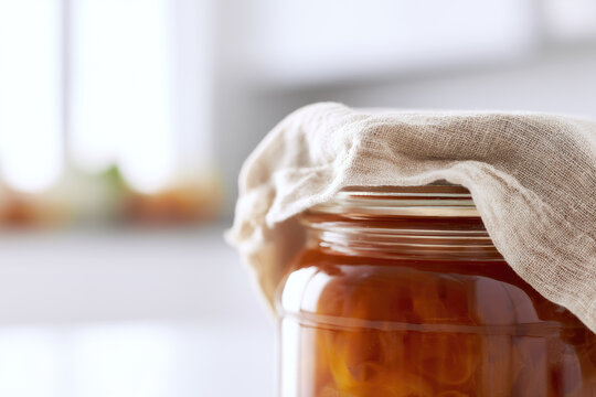 Glass jar amber tea fermenting drink linen cover home kitchen natural light closeup still life glass container fermentation beverage homemade organic probiotic scoby culture tea amber clear glass