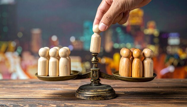 Balance tilts with unequal weight, radiating resilience, clarity, and disparity; a vivid emblem of inequality, power, and transformation within society.