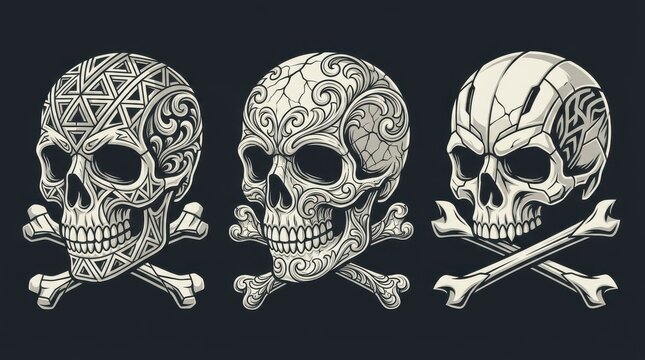 Set of three decorative human skulls with crossbones with segmented mechanical plating against dark background
