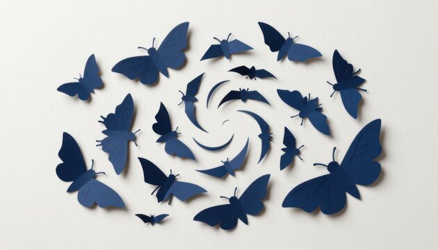 Swirling composition of dark blue paper butterflies arranged in a dynamic spiral pattern