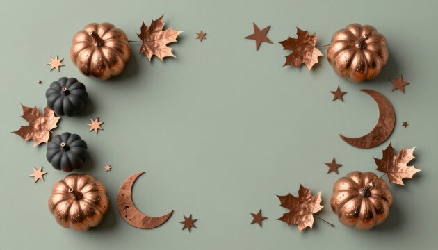 Autumnal flat lay composition with metallic pumpkins and celestial elements on sage green background