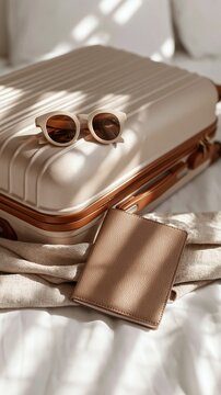 Stylish beige suitcase with sunglasses and passport on a bed, perfect for travel preparations