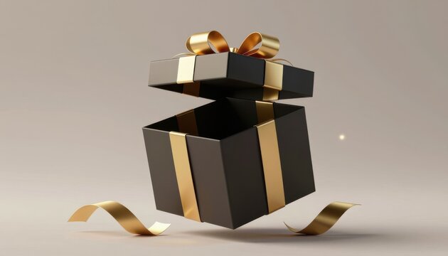 Floating open black gift box with elegant gold ribbon on neutral background