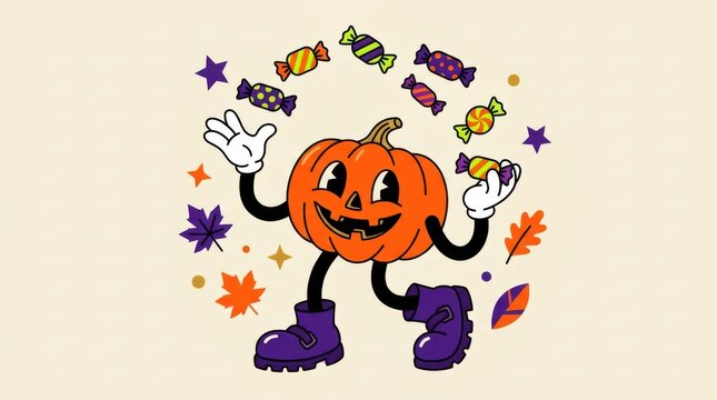 Retro cartoon pumpkin character juggling colorful candies for halloween celebration