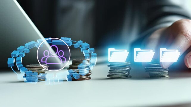 People manage money and folders while using modern technology in a workspace setting during the day.