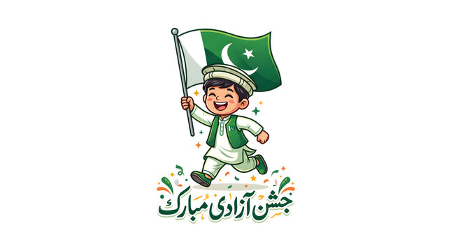 Cute Happy Boy Wearing Traditional Cap Celebrating Pakistan Independence Day Holding National Flag with Urdu Text