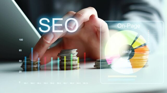 Business focus on SEO strategies with financial growth shown through coins and data analysis graphs.