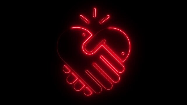 A neon sign of two hands shaking. The sign is blue . of the sign is that it represents a handshake, which is a symbol of agreement or partnership. Motion graphics business, collaboration, teamwork