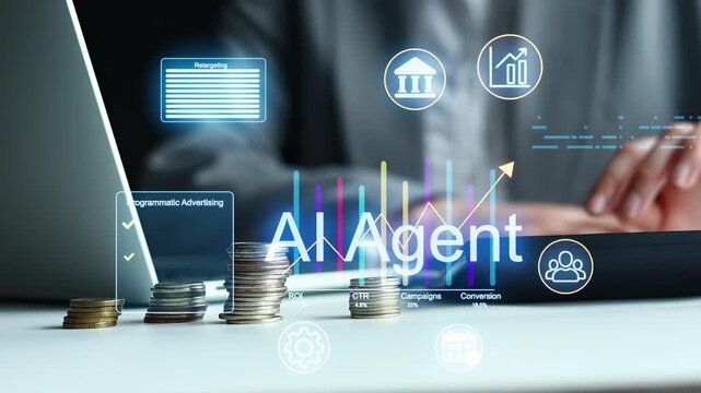 Business person working with AI technology and data analytics in an office setting.