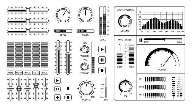 Sound Mixer Controls: Sliders, Knobs, VU Meters, Equalizer - Hand Drawn Style