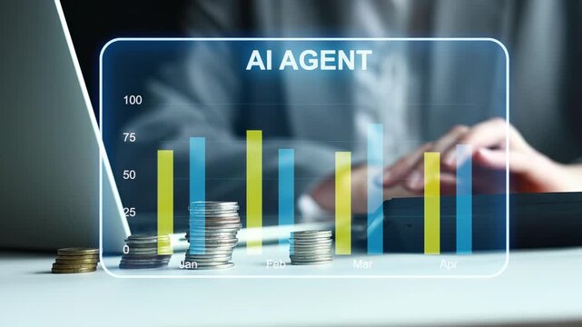 Analyzing data trends with AI tools using graphs and coins on a desk in an office.