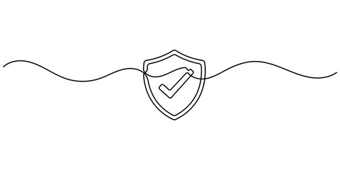 Obraz premium Continuous single line drawing of a shield icon with a check mark inside