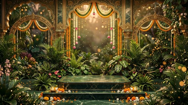 Elegant Hariyali Teej festival stage decoration featuring ornate green marble platform adorned with vibrant floral garlands and traditional Indian arches.