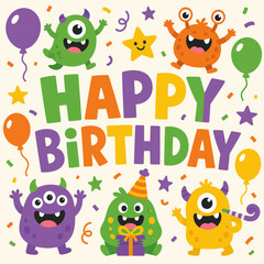 Fototapeta premium Happy Birthday Monsters: A vibrant and playful illustration featuring a group of adorable, colorful monsters celebrating a birthday with balloons, confetti, and a Happy Birthday message.