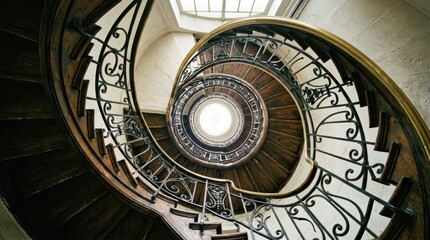 Obraz premium Elegant Wooden Spiral Staircase With Ornate Metal Railings and Skylight