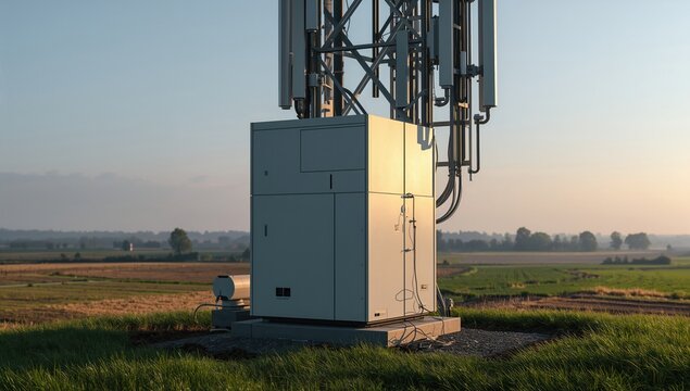 Compact edge computing cabinet installed at base of cell tower in rural landscape, clean industrial design, concept of digital infrastructure, cloud computing and modern information technology