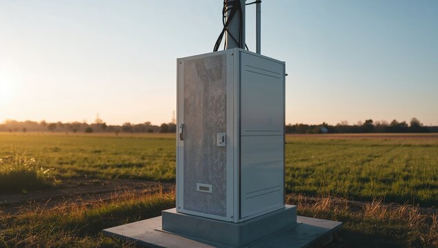 Compact edge computing cabinet installed at base of cell tower in rural landscape, clean industrial design, concept of digital infrastructure, cloud computing and modern information technology