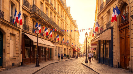 Fototapeta premium Charming Parisian Street Decorated with French Flags for Bastille Day Celebration