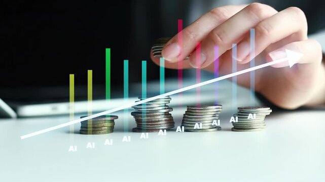 Coins stacked in rows with a line graph showing growth and a hand pointing to the line indicating success in finance.