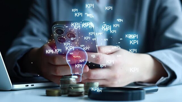 A person is holding a smartphone while sitting at a table with coins stacked nearby. A magnifying glass is placed on the table. Digital letters are seen floating around.