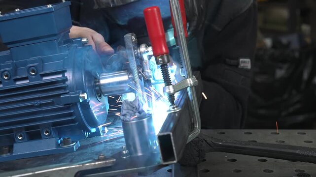 A engineer TIG welds metal structural parts, which are fixed with clamps. He wears a protective mask and gloves to avoid injury from hot sparks