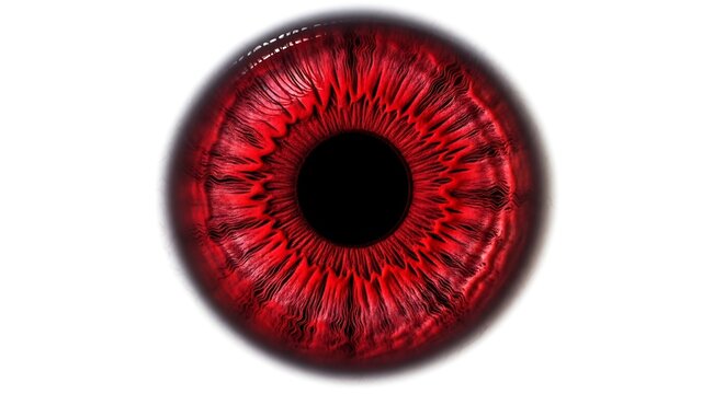 Vibrant red eye iris close up macro detail against white background