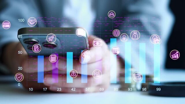 Business person using smartphone to analyze data with charts and icons on screen.