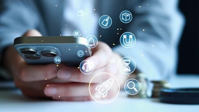A person holds a smartphone in their hand while sitting at a desk. Various digital icons related to money and services float around the phone. Coins are visible on the table.